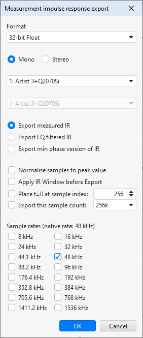 Impulse Response WAV Export Settings